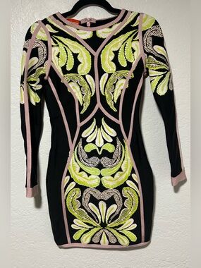 Women’s Black Long-Sleeve Bodycon Dress with Lime Green & Pink Trim